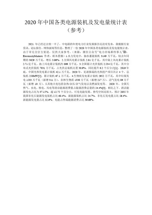 2020年中国各类电源装机及发电量统计表(参考)