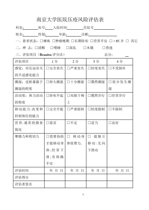 压疮风险评估表