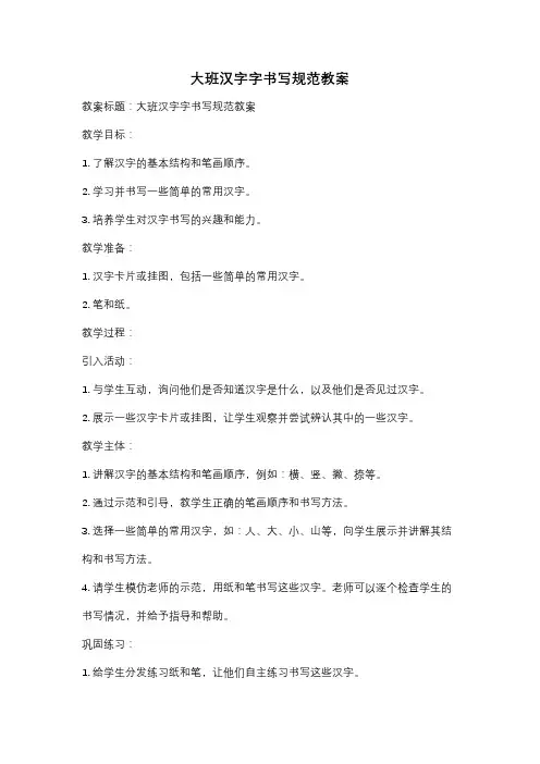 大班汉字字书写规范教案