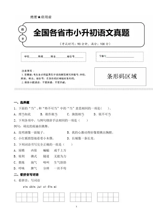 【小升初】2020年辽宁省大连市小升初语文毕业会考试题含答案(全网唯一)
