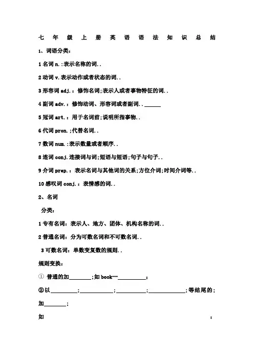 七年级上册英语语法知识总结