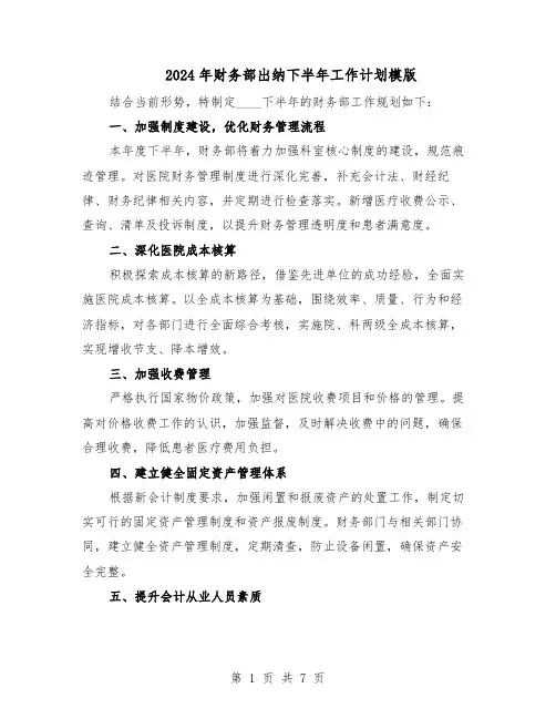 2024年财务部出纳下半年工作计划模版（4篇）