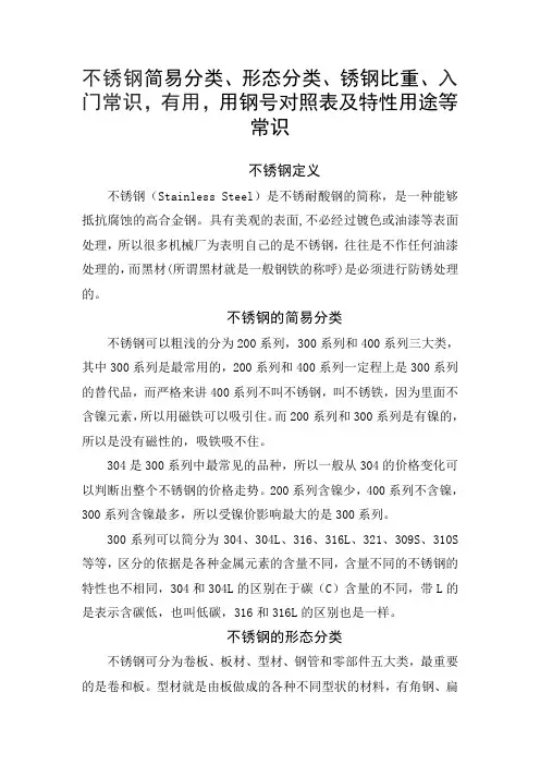 不锈钢简易分类、形态分类、锈钢比重、入门常识、用钢号对照表及特性用途等常识