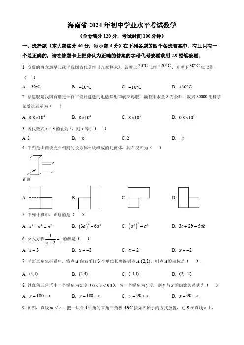 海南省2024年中考数学真题含解析