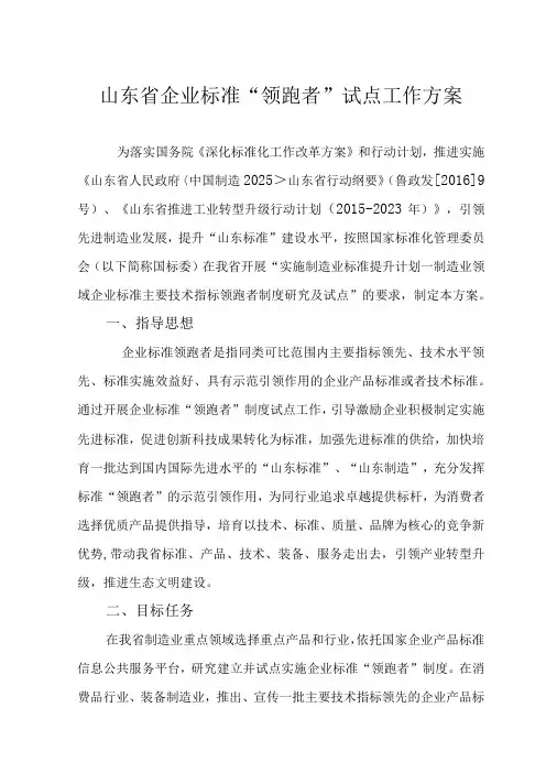 企业标准主要技术指标领跑者制度及试点方案