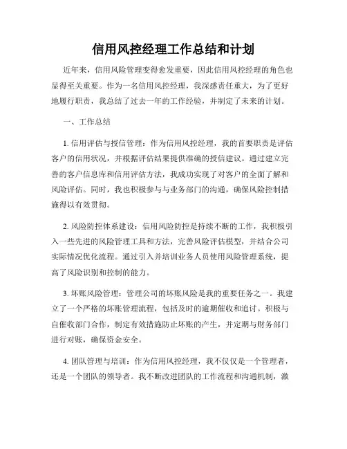 信用风控经理工作总结和计划