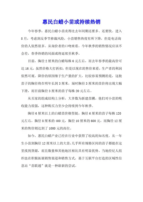 惠民白蜡小苗或持续热销