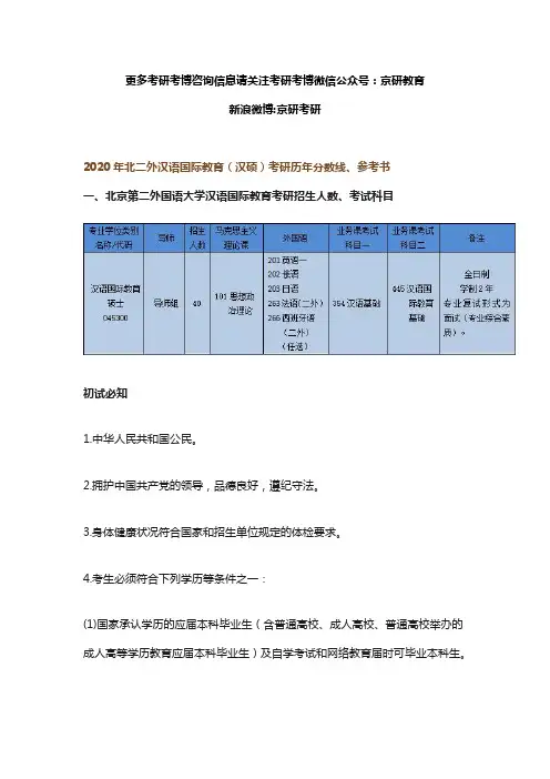 2020年二外汉语国际教育历年分数线、参考书
