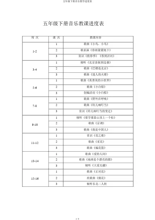 五年级下册音乐教学进度表