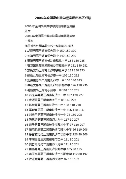 2006年全国高中数学联赛湖南赛区成绩