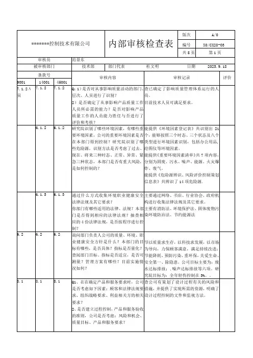 技术部内审检查表