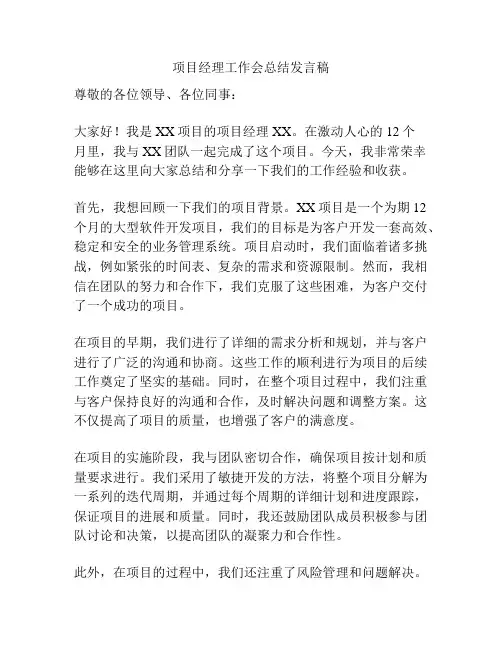 项目经理工作会总结发言稿