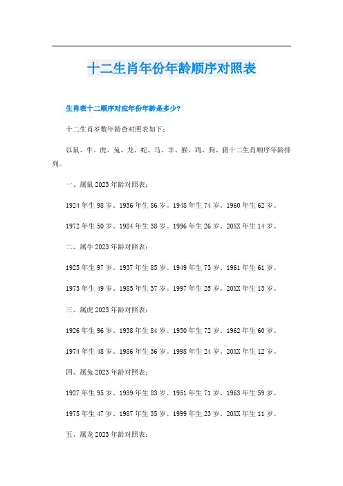 十二生肖年份年龄顺序对照表
