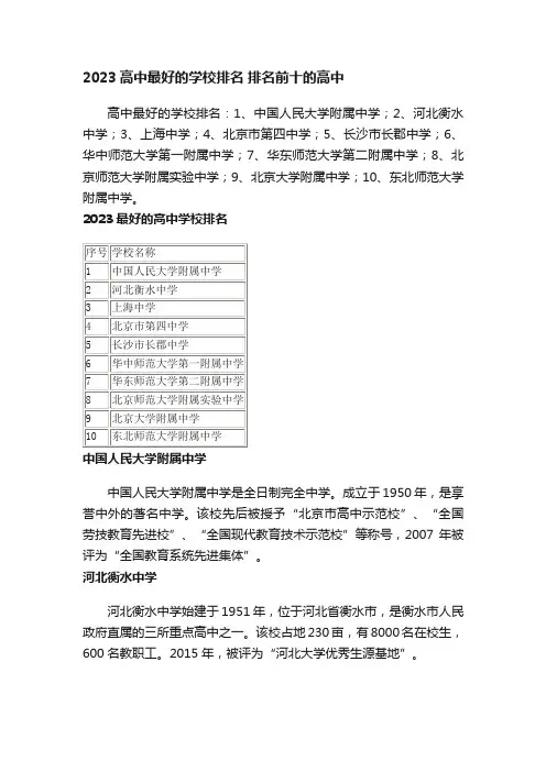2023高中最好的学校排名排名前十的高中