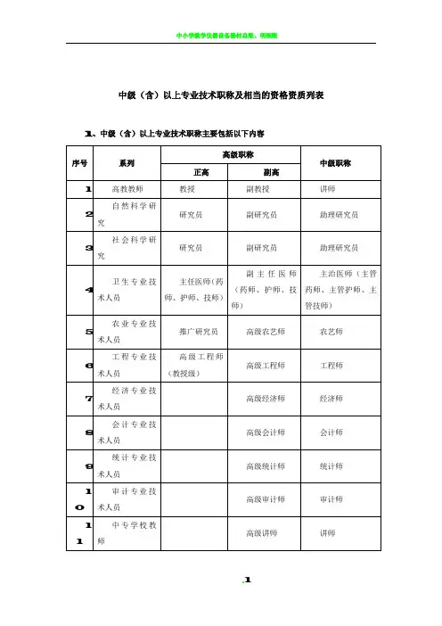 中级(含)以上专业技术职称及相当的资格列表