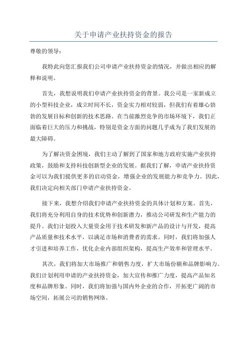 关于申请产业扶持资金的报告