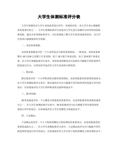 大学生体测标准评分表