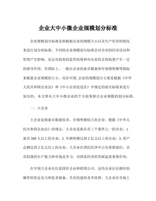 企业大中小微企业规模划分标准