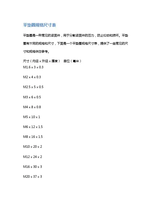 平垫圈规格尺寸表