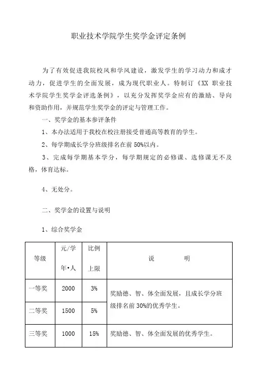 职业技术学院学生奖学金评定条例