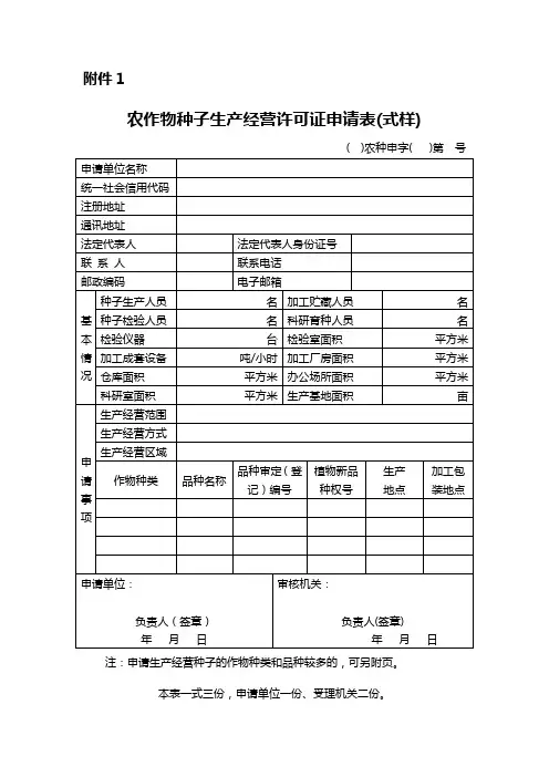 农作物种子生产经营许可证申请表(示例样表)
