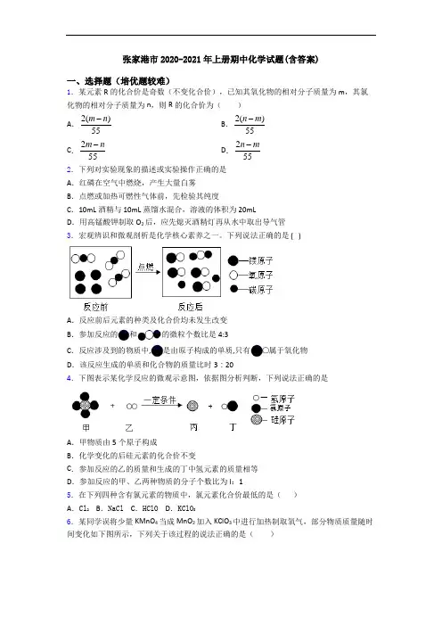 张家港市2020-2021年上册期中化学试题(含答案)