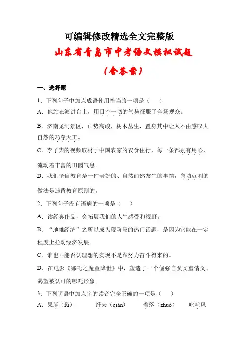 山东省青岛市2021年中考语文模拟试题(含答案解析)精选全文完整版