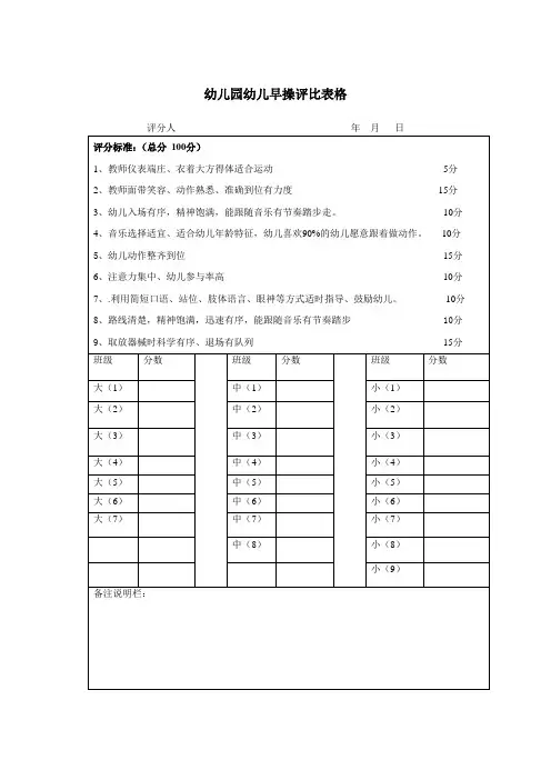 幼儿园幼儿早操评比表格