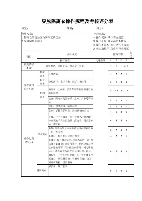穿脱隔离衣操作规程及评分标准