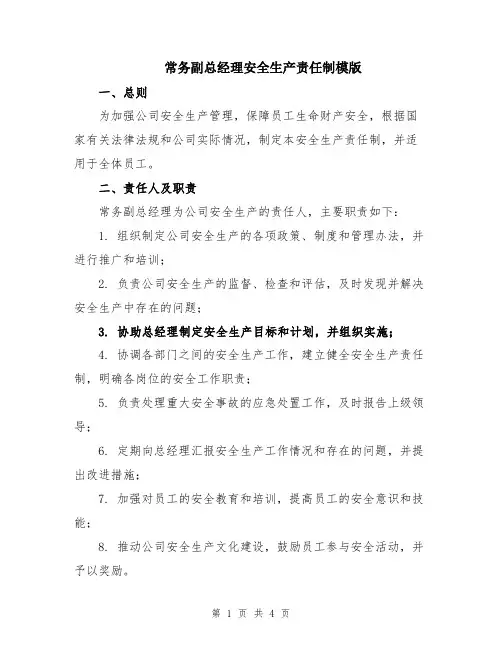 常务副总经理安全生产责任制模版
