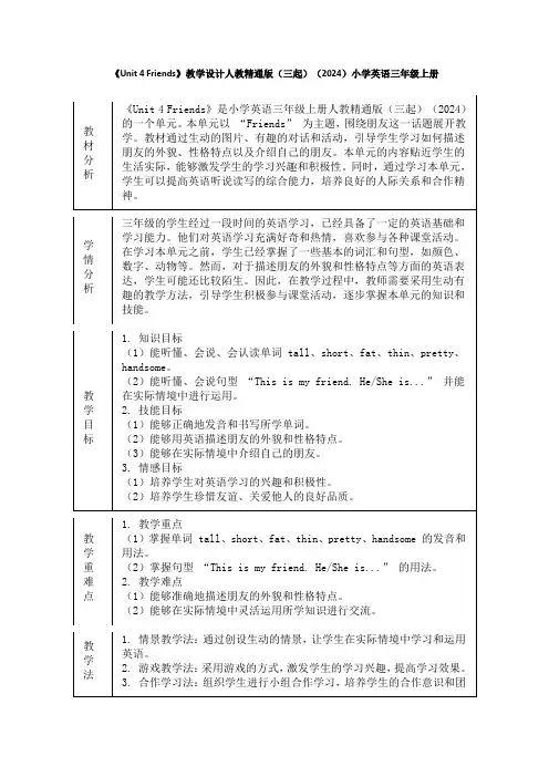 《Unit 4 Friends》教学设计人教精通版(三起)(2024)小学英语三年级上册(5课时)