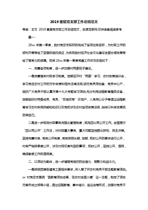 2019基层党支部工作总结范文