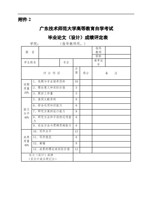 毕业论文(设计)成绩评定表(指导老师用)