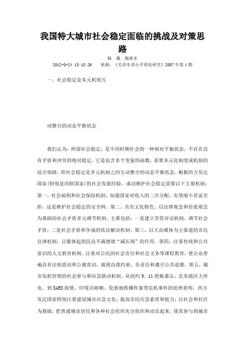 我国特大城市社会稳定面临的挑战及对策思路