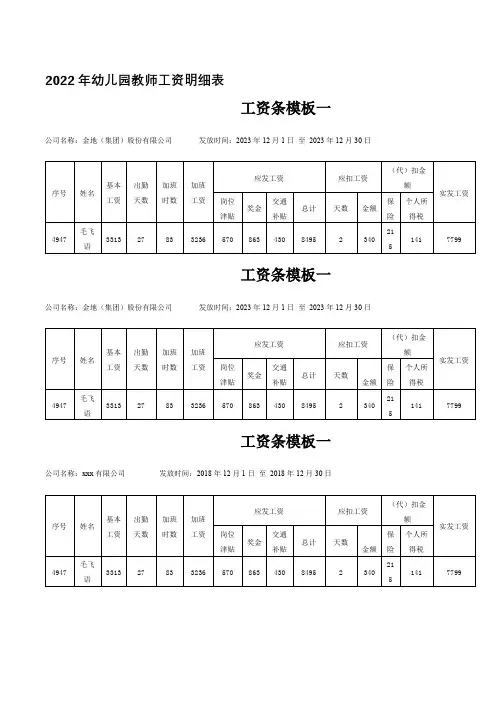 2022年幼儿园教师工资明细表
