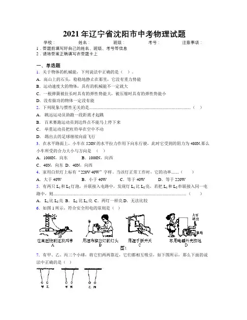 2021年辽宁省沈阳市中考物理试题附解析