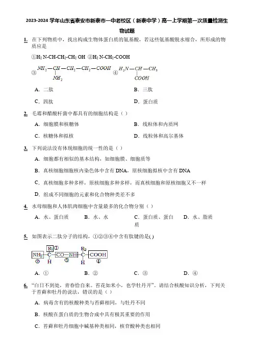 2023-2024学年山东省泰安市新泰市一中老校区(新泰中学)高一上学期第一次质量检测生物试题