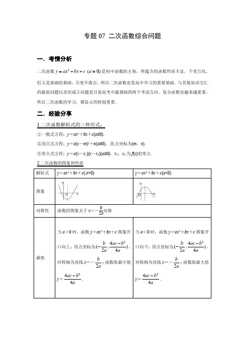 2021届高三数学之函数与导数(文理通用)专题07 二次函数综合问题