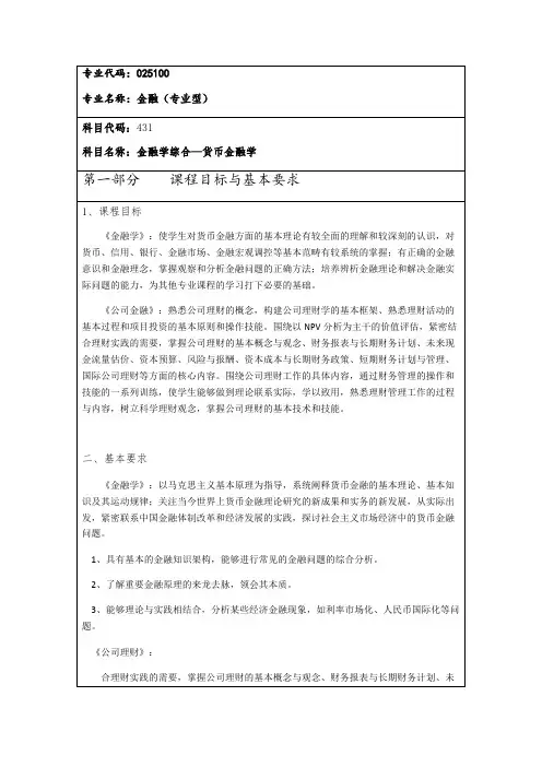 西安财经大学431金融综合2020年考研专业课初试大纲