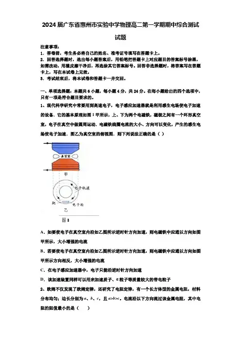 2024届广东省惠州市实验中学物理高二第一学期期中综合测试试题含解析