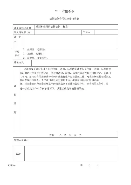 法律法规适用性评价记录表