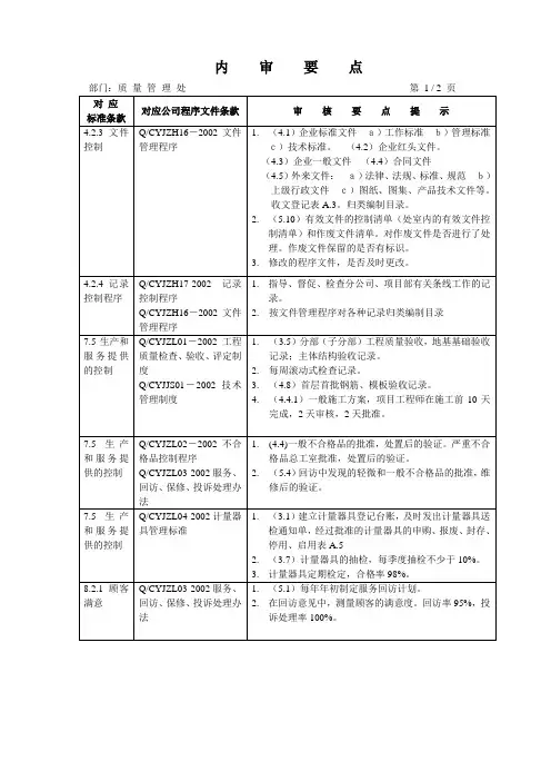 质量管理部内审要点