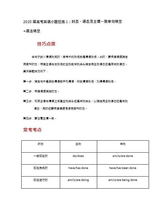 2020届高考英语小题狂练1：时态、语态及主谓一致单句填空+语法填空