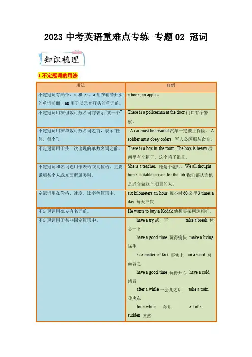 2023中考英语重难点专练 专题02 冠词(解析版)