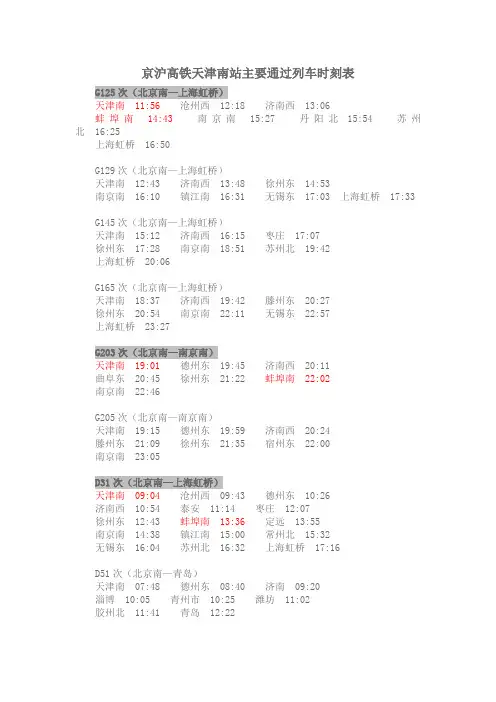 天津南站高铁时刻表