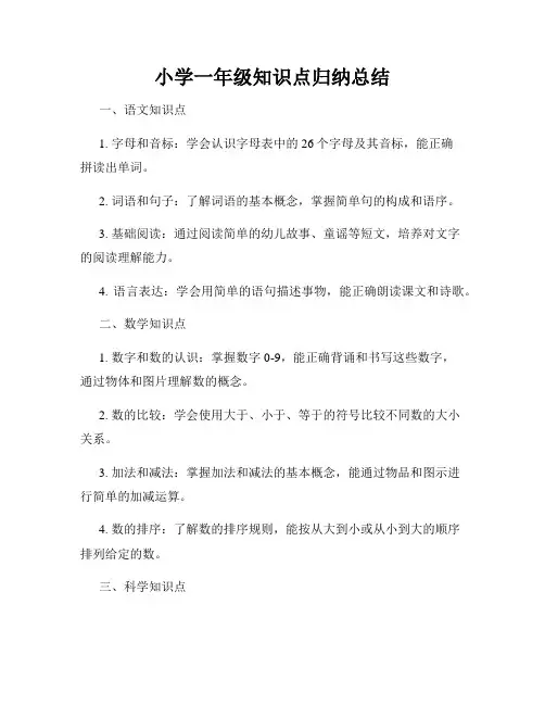 小学一年级知识点归纳总结