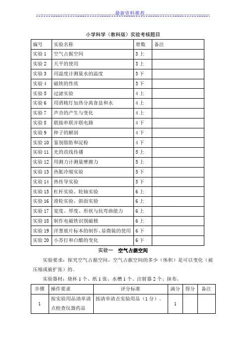 小学科学(教科版)实验考核题目