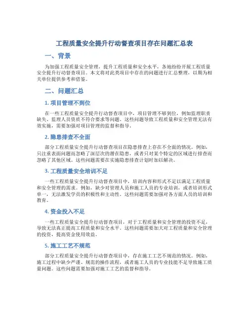工程质量安全提升行动督查项目存在问题汇总表