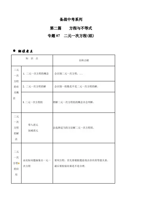 专题07  二元一次方程(组)