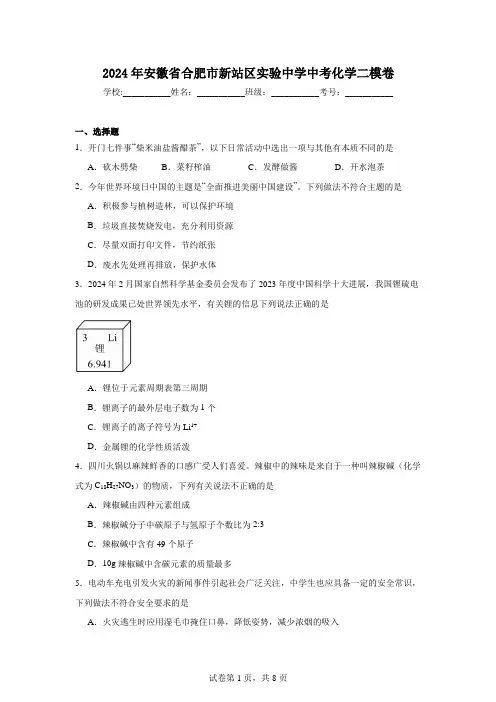 2024年安徽省合肥市新站区实验中学中考化学二模卷
